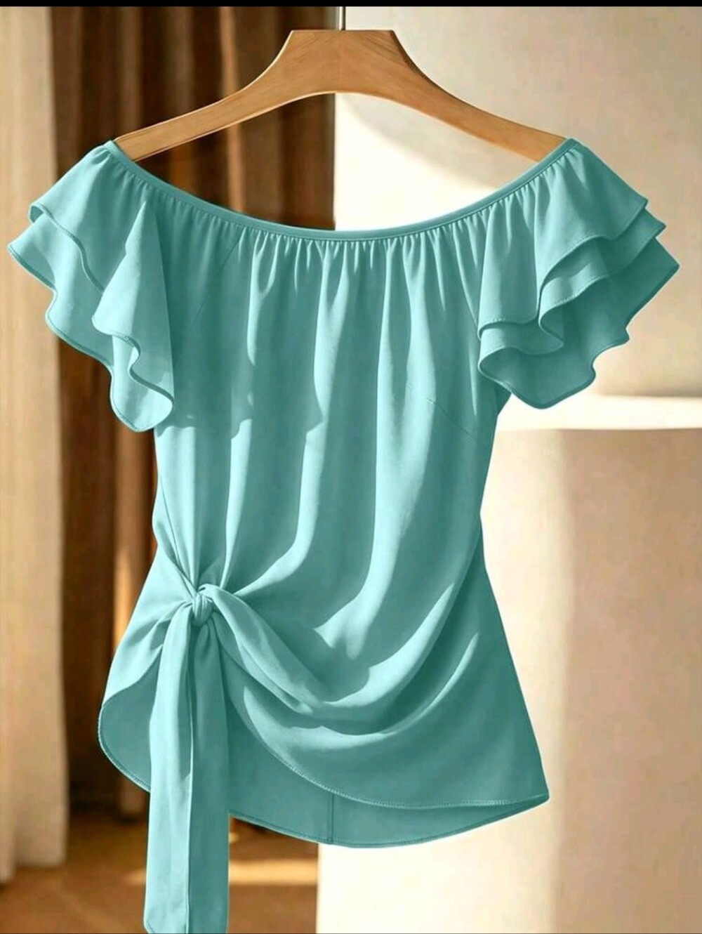 BRAND NEW ** Off-Shoulder Ruffle Tie-Waist Blouse - Aqua Blue